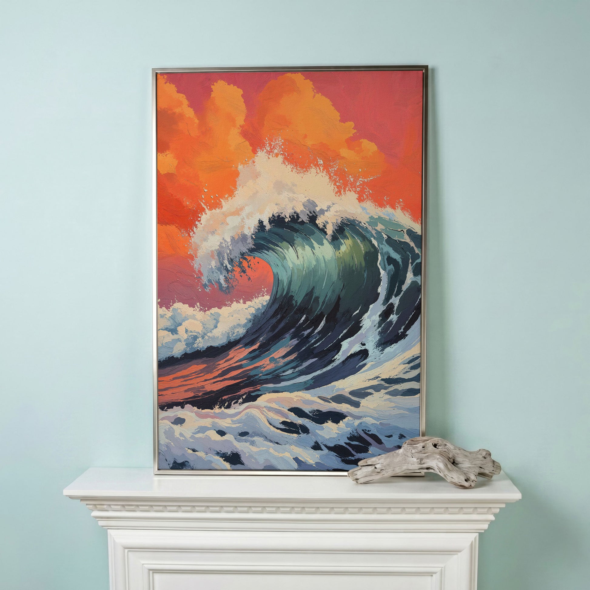 Ocean Wave Canvas Art, Deep Blue Breaking Wave, Portrait Wall Print in silver floating frame