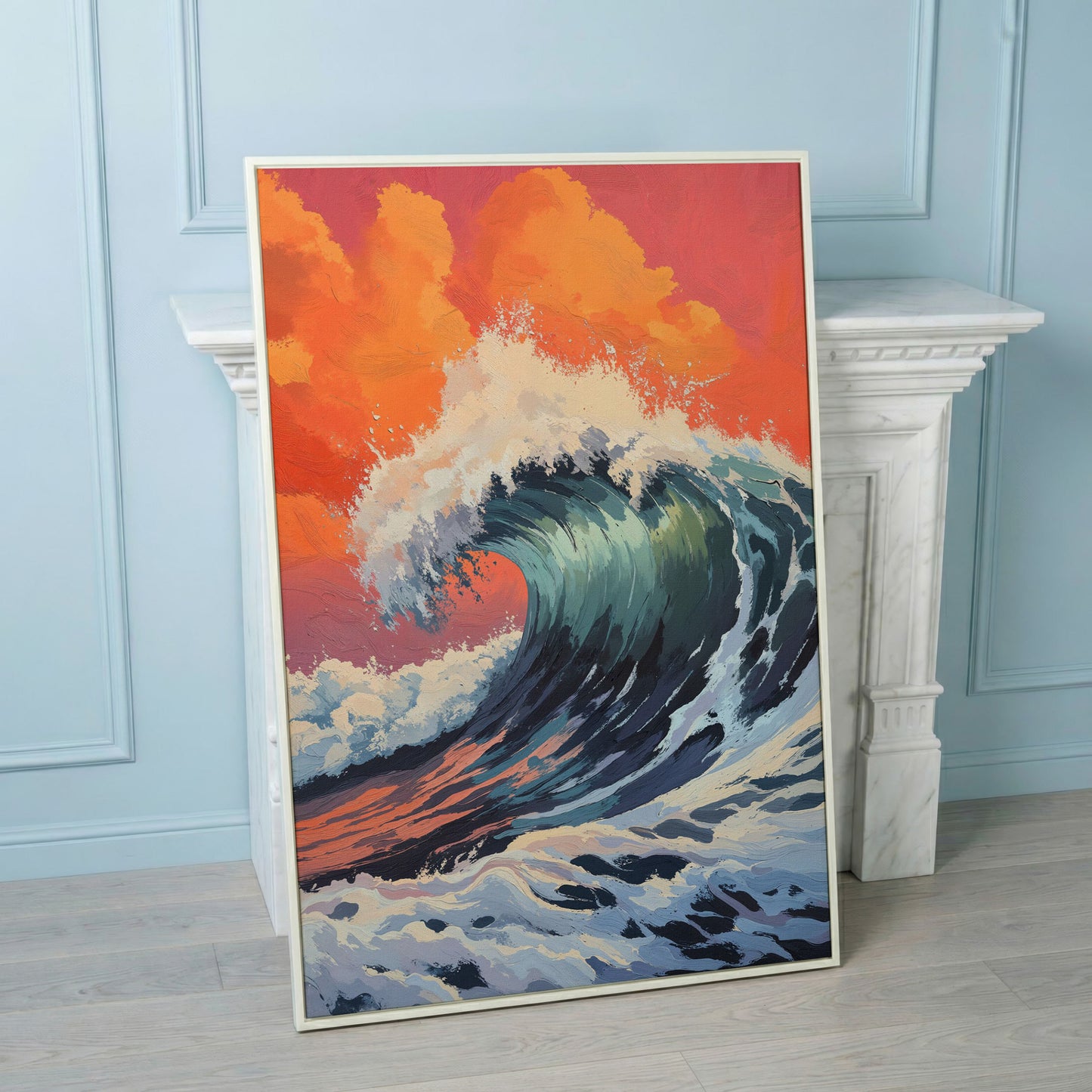 Ocean Wave Canvas Art, Deep Blue Breaking Wave, Portrait Wall Print in white floating frame