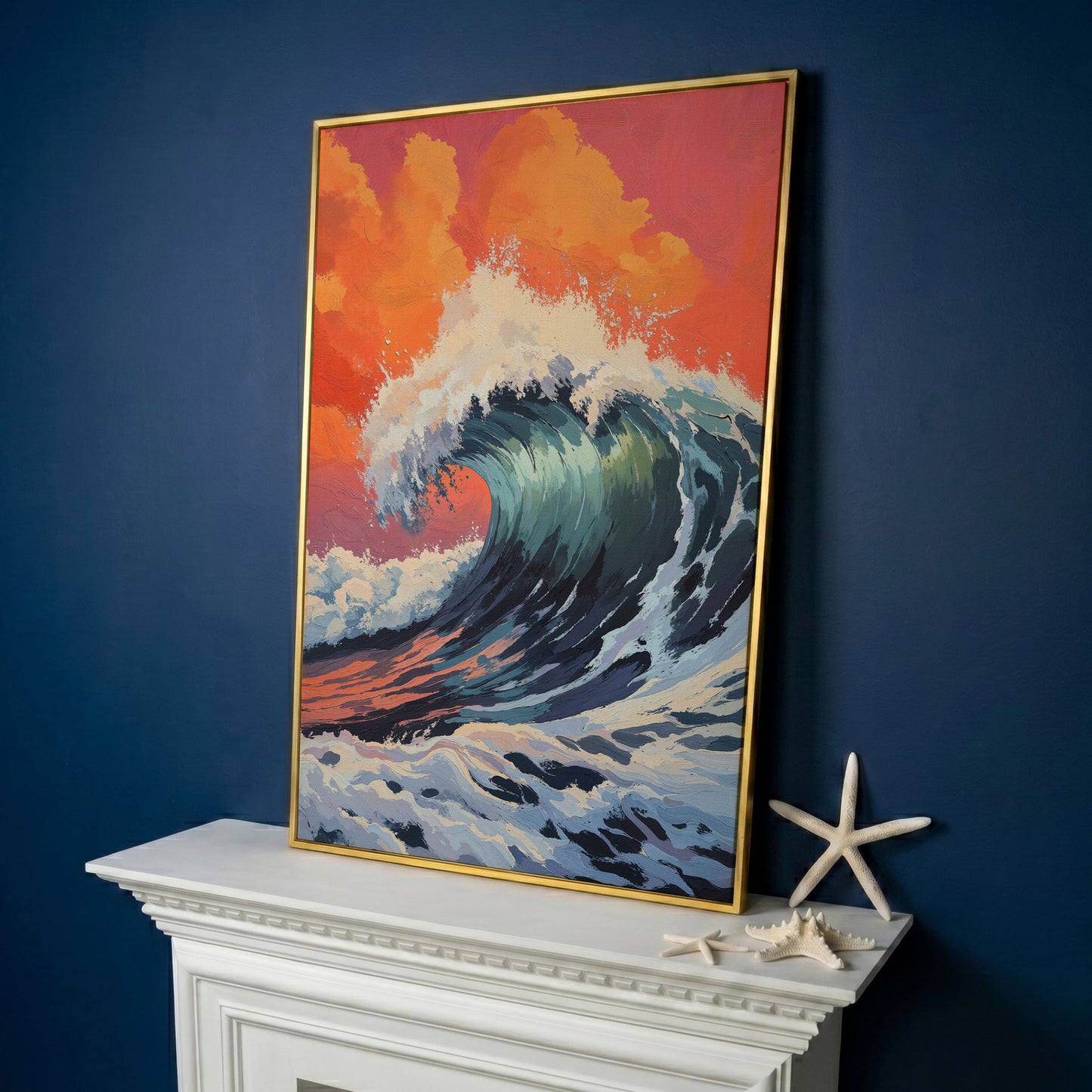 Ocean Wave Canvas Art, Deep Blue Breaking Wave, Portrait Wall Print in yellow gold floating frame