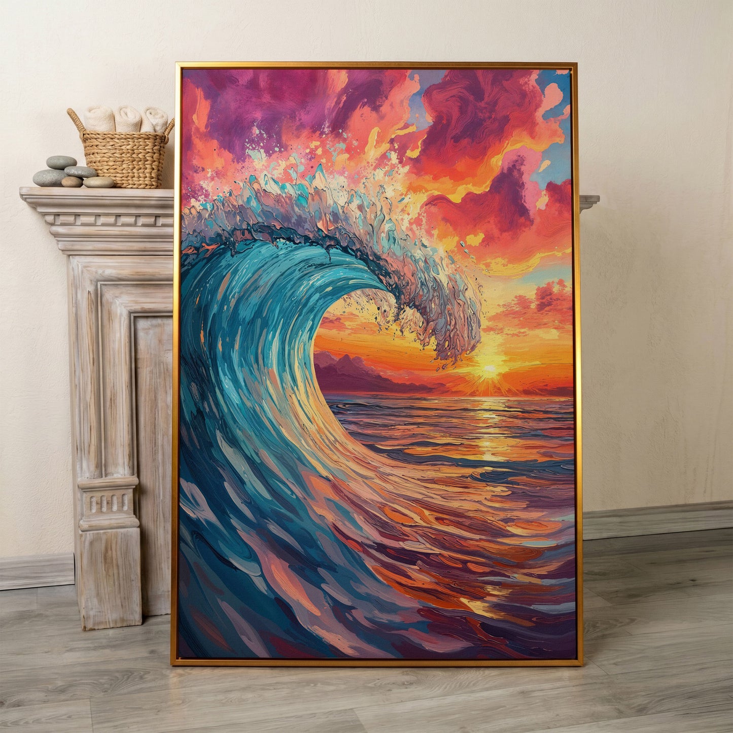 Cresting Ocean Wave at Sunset. Canvas Wall Art in antique gold floating frame