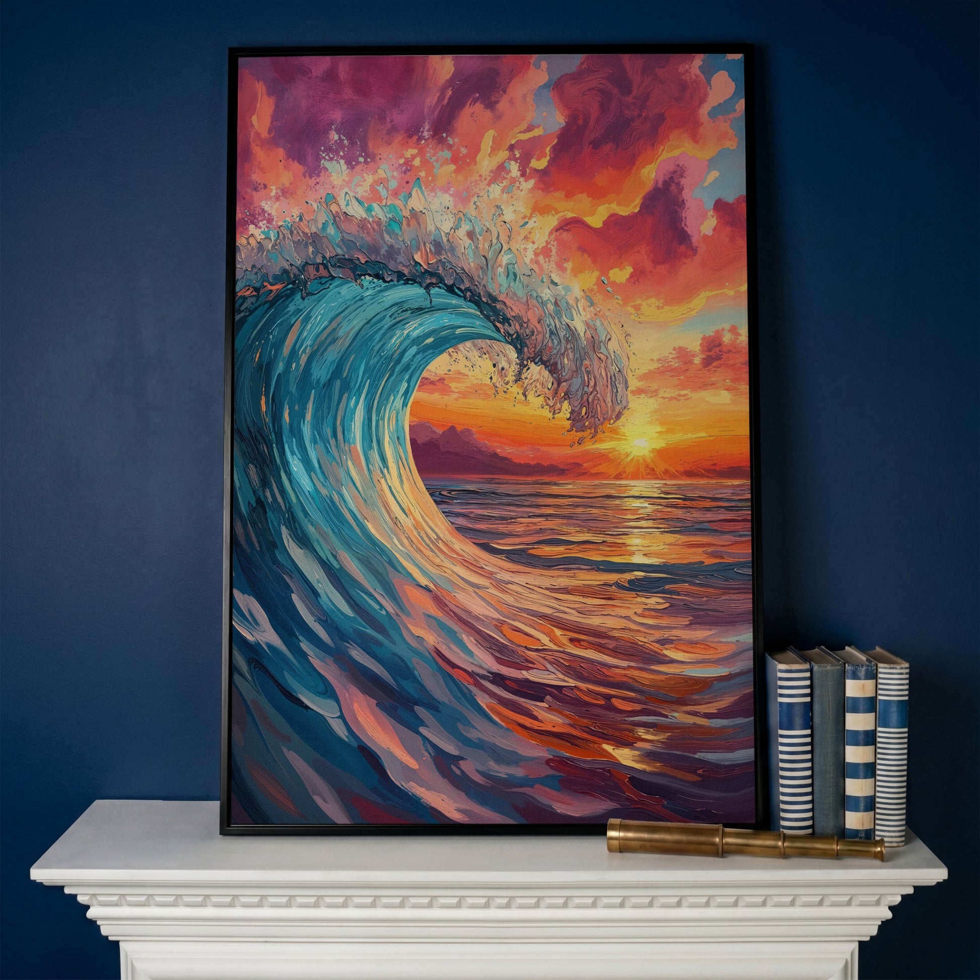 Cresting Ocean Wave at Sunset. Canvas Wall Art in black floating frame
