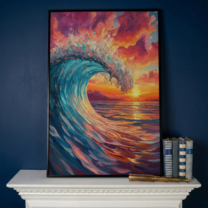 Cresting Ocean Wave at Sunset. Canvas Wall Art in black floating frame