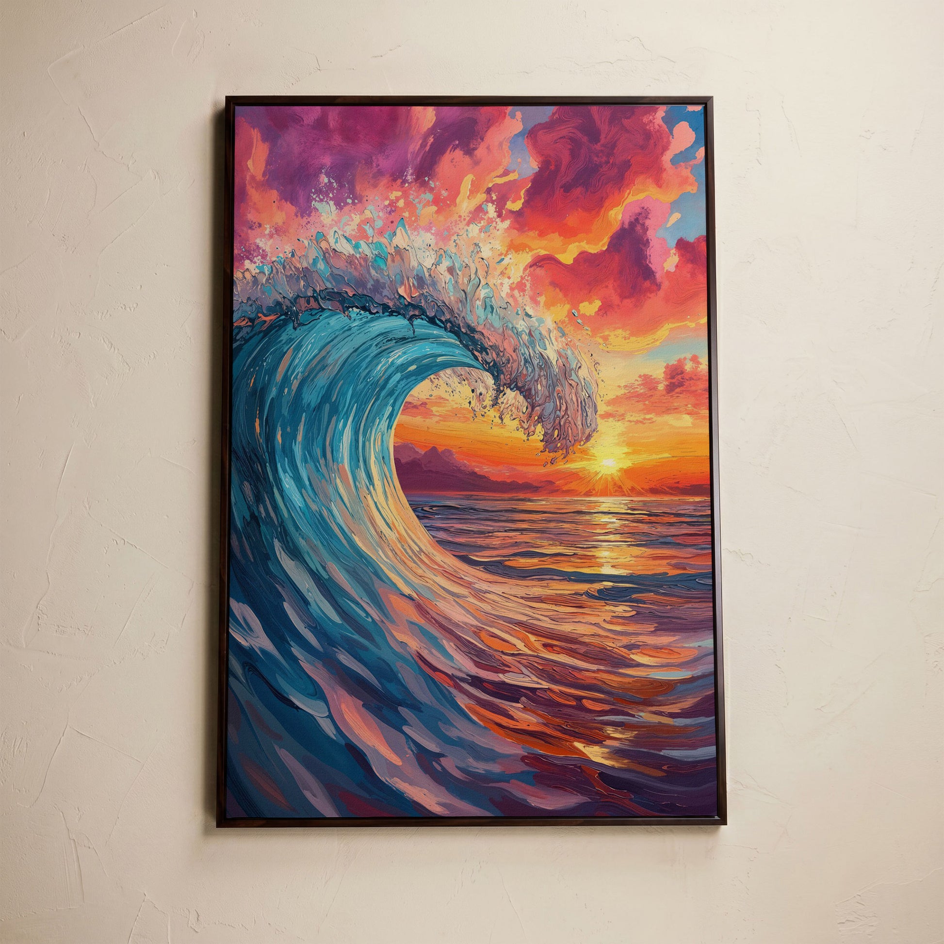 Cresting Ocean Wave at Sunset. Canvas Wall Art in dark walnut floating frame