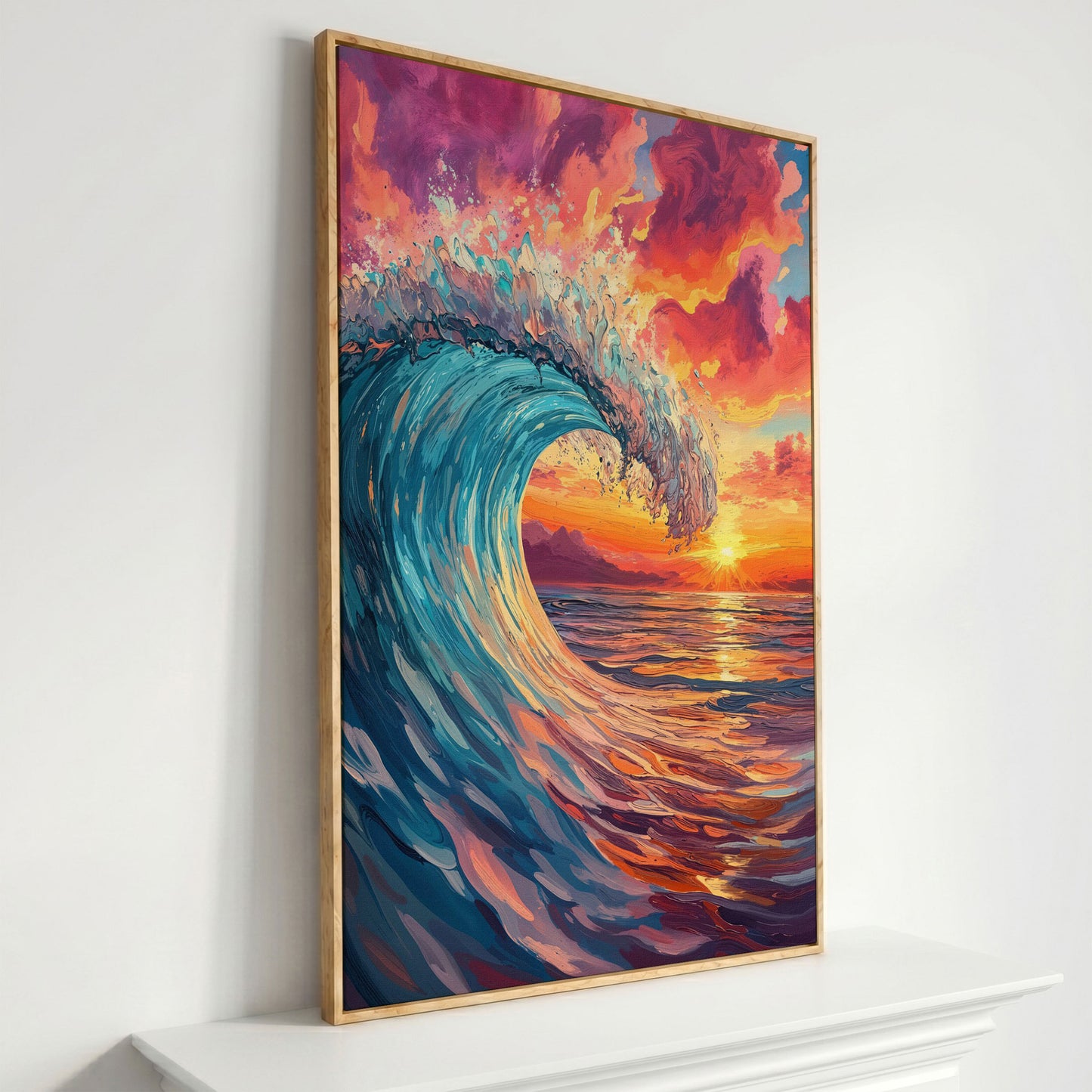 Cresting Ocean Wave at Sunset. Canvas Wall Art in white oak floating frame