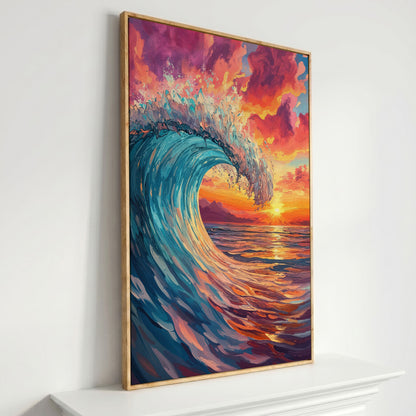 Cresting Ocean Wave at Sunset. Canvas Wall Art in white oak floating frame