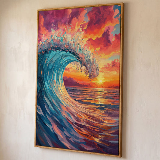 Cresting Ocean Wave at Sunset. Canvas Wall Art shown in white oak floating frame