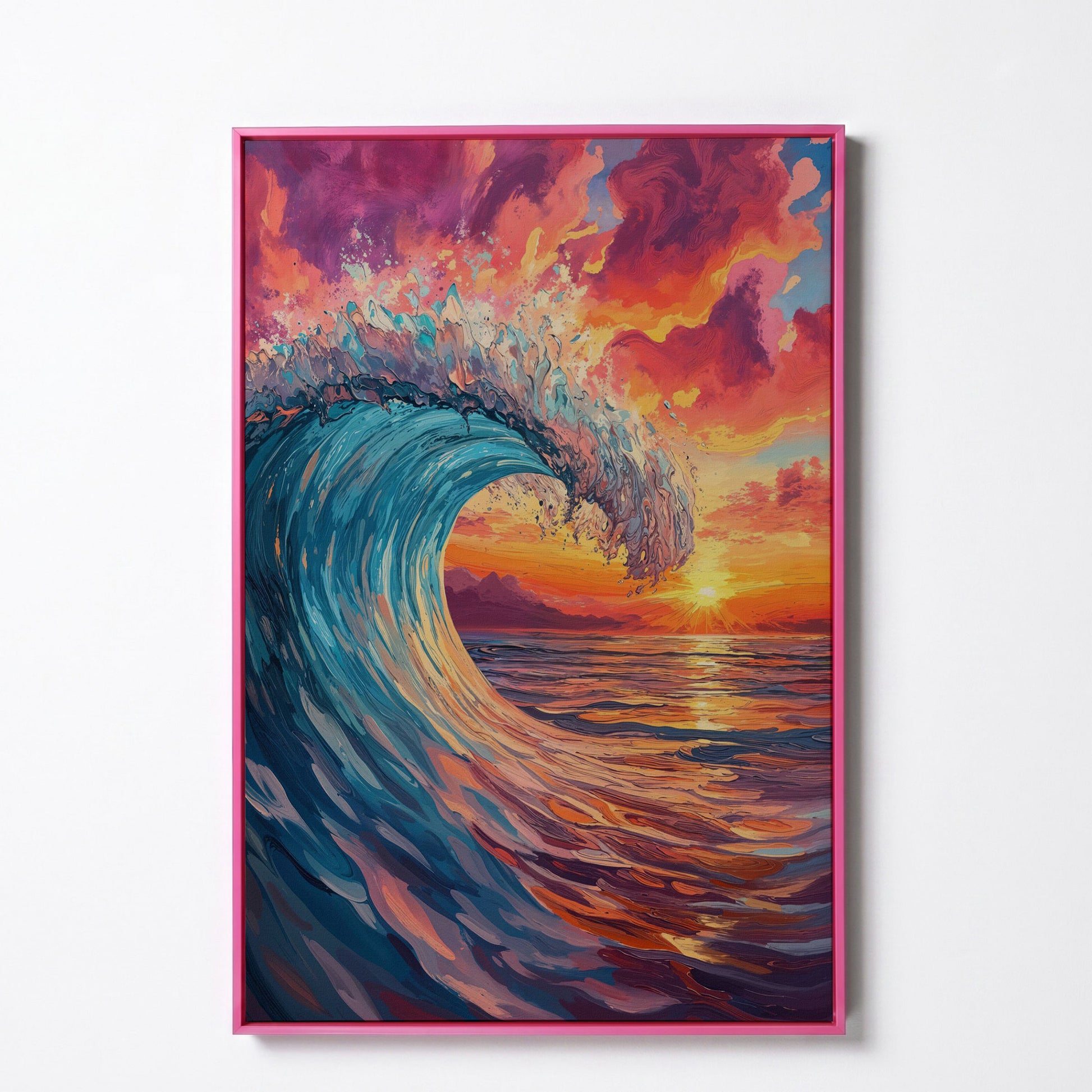 Cresting Ocean Wave at Sunset. Canvas Wall Art in pink floating frame