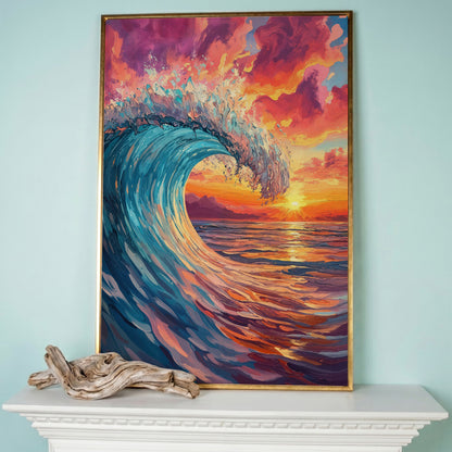 Cresting Ocean Wave at Sunset. Canvas Wall Art in rose gold floating frame