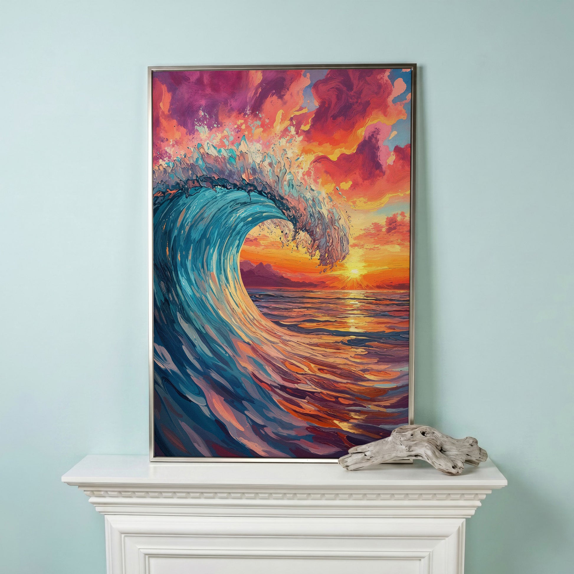 Cresting Ocean Wave at Sunset. Canvas Wall Art in silver floating frame