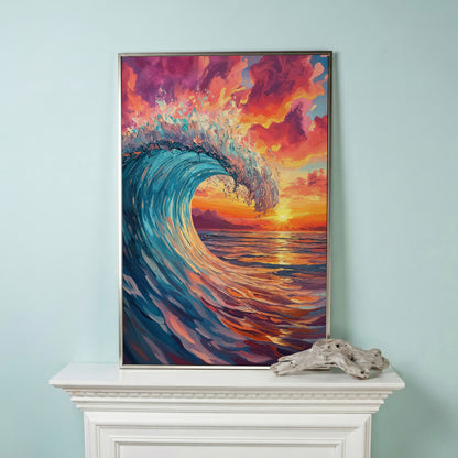 Cresting Ocean Wave at Sunset. Canvas Wall Art in silver floating frame
