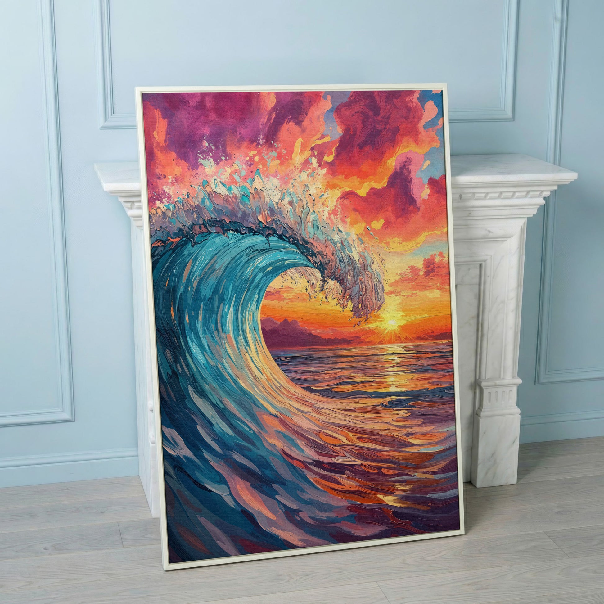 Cresting Ocean Wave at Sunset. Canvas Wall Art in white floating frame