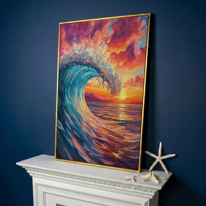 Cresting Ocean Wave at Sunset. Canvas Wall Art in yellow gold floating frame