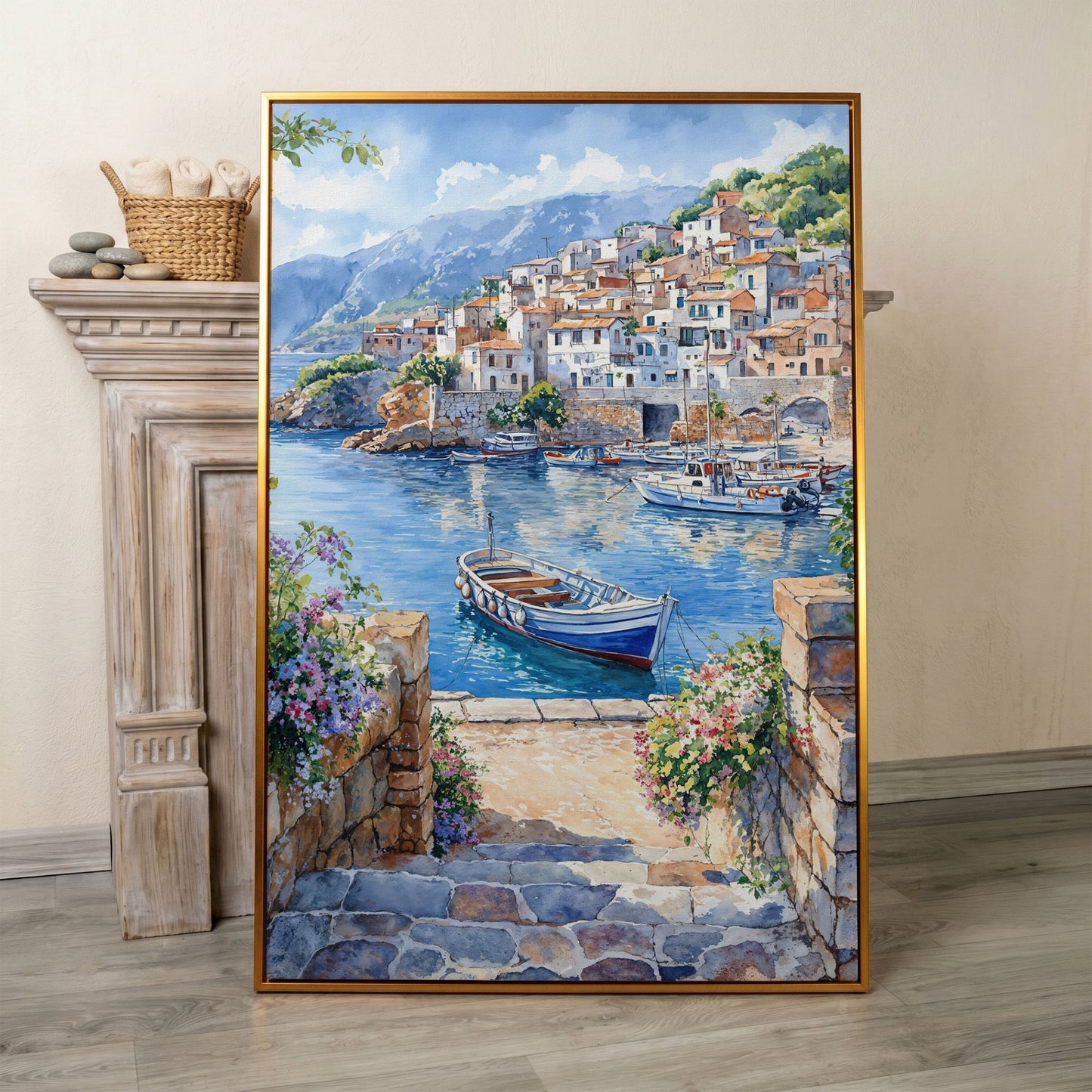 Coastal Village Harbor with Boats and Mountain View Canvas Print in antique gold floating frame