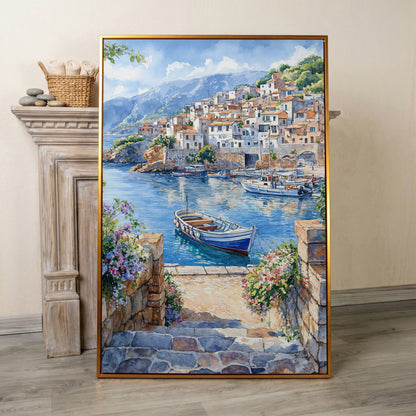 Coastal Village Harbor with Boats and Mountain View Canvas Print in antique gold floating frame