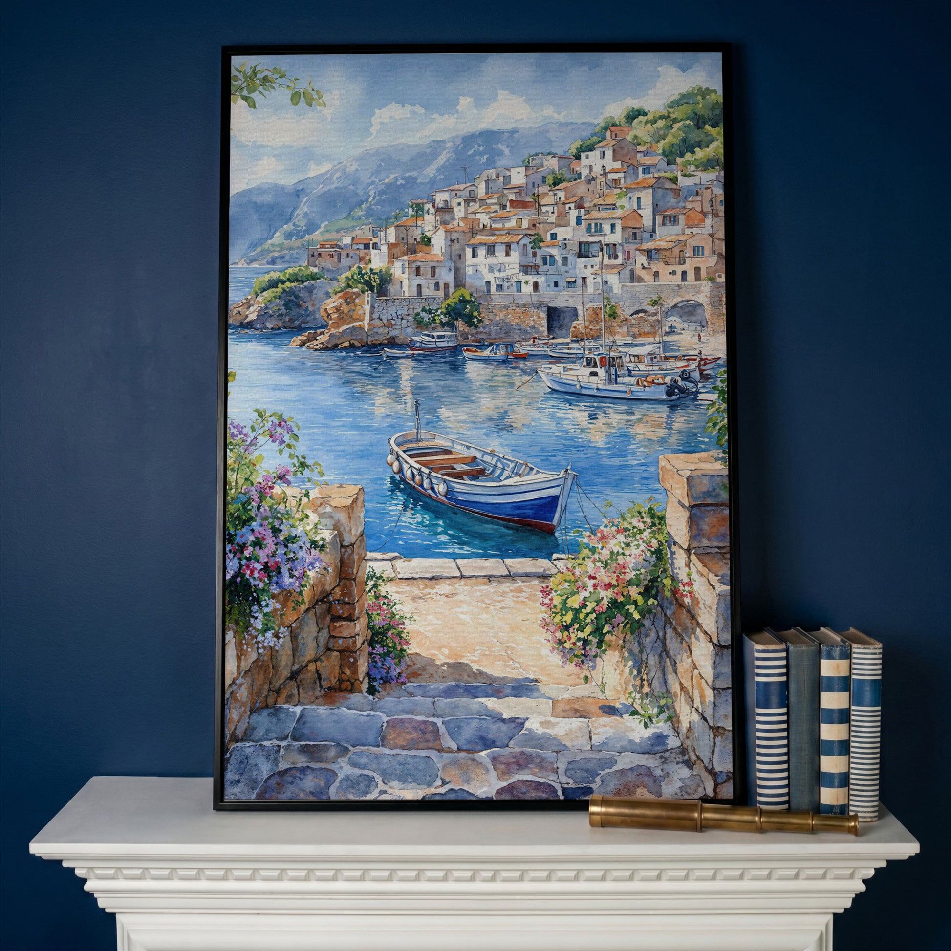 Coastal Village Harbor with Boats and Mountain View Canvas Print in black floating frame