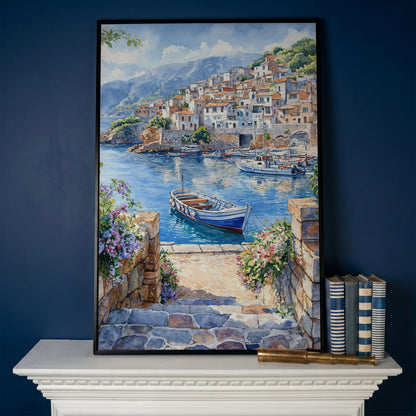 Coastal Village Harbor with Boats and Mountain View Canvas Print in black floating frame