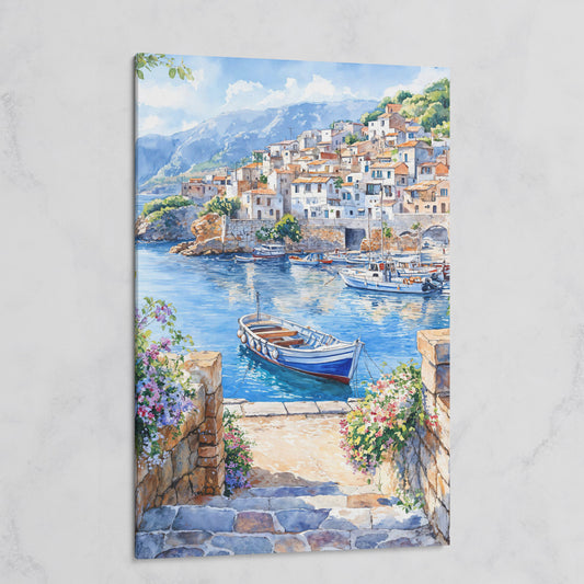 Coastal Village Harbor with Boats and Mountain View Canvas Print on gallery wrap