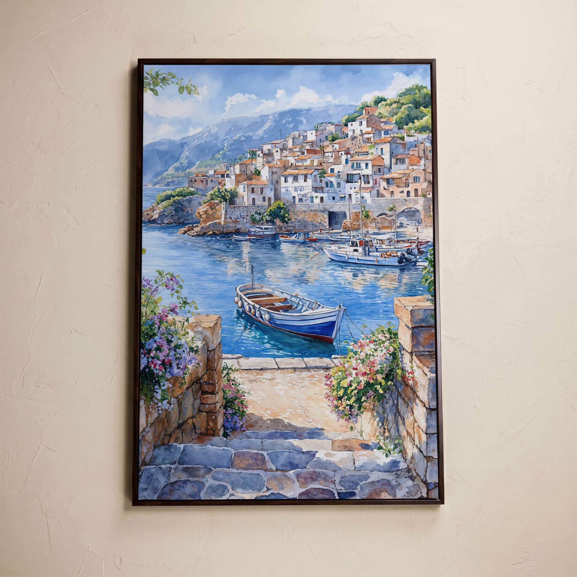 Coastal Village Harbor with Boats and Mountain View Canvas Print in dark walnut floating frame
