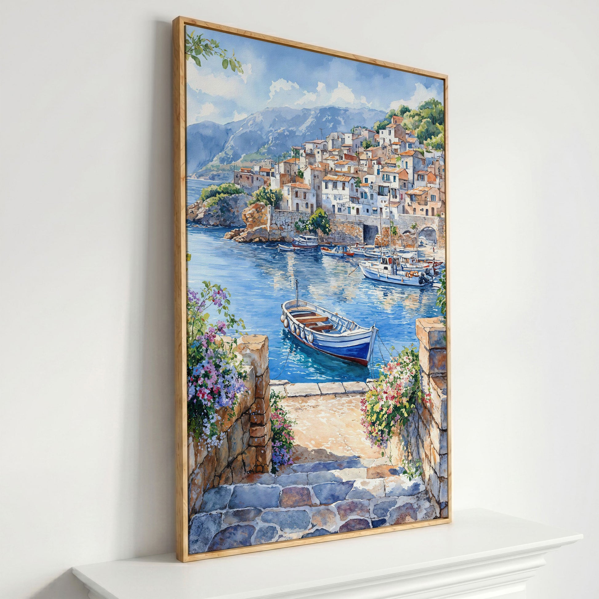 Coastal Village Harbor with Boats and Mountain View Canvas Print in white oak floating frame