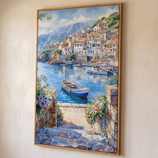 Coastal Village Harbor with Boats and Mountain View Canvas Print shown in white oak floating frame