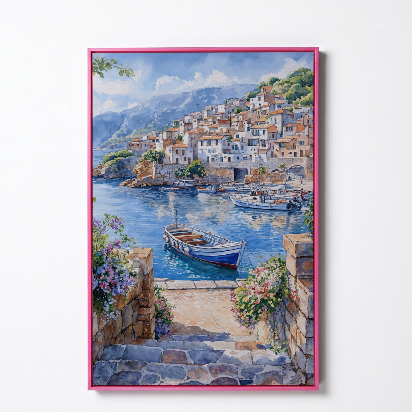 Coastal Village Harbor with Boats and Mountain View Canvas Print in pink floating frame