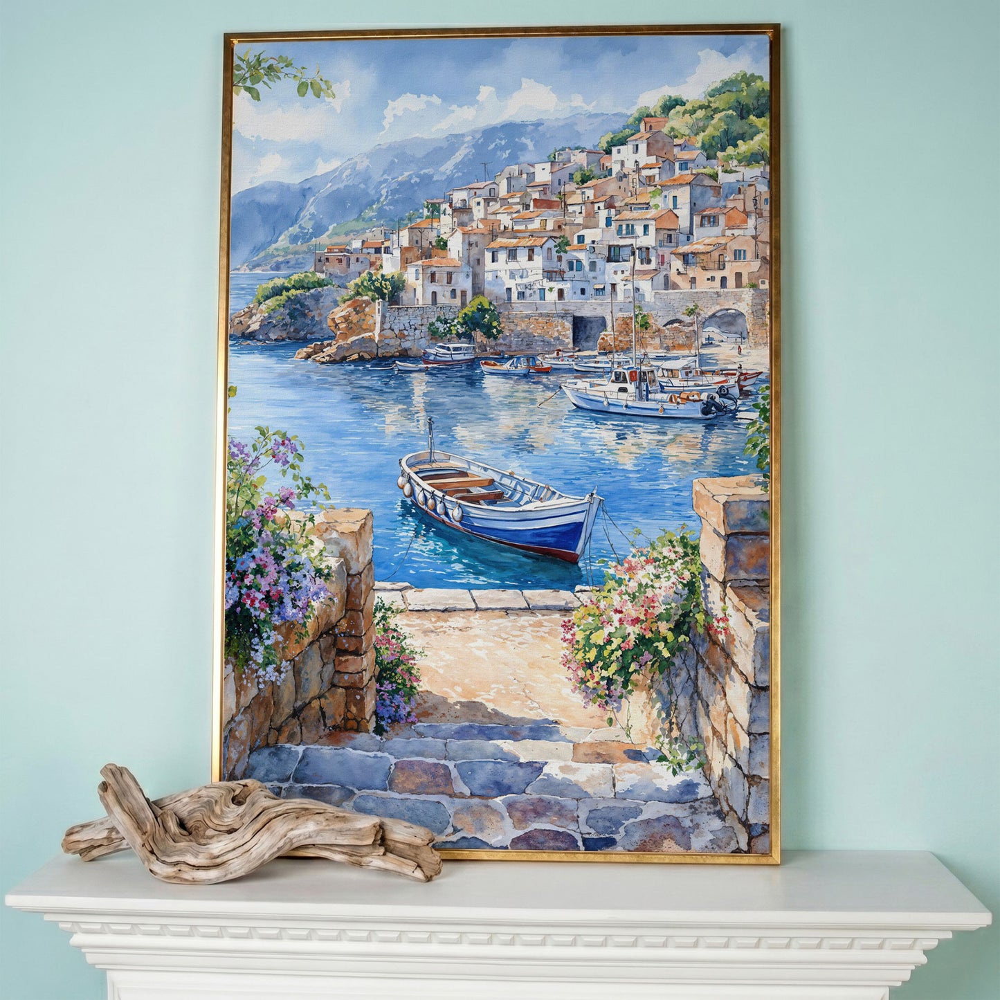 Coastal Village Harbor with Boats and Mountain View Canvas Print in rose gold floating frame