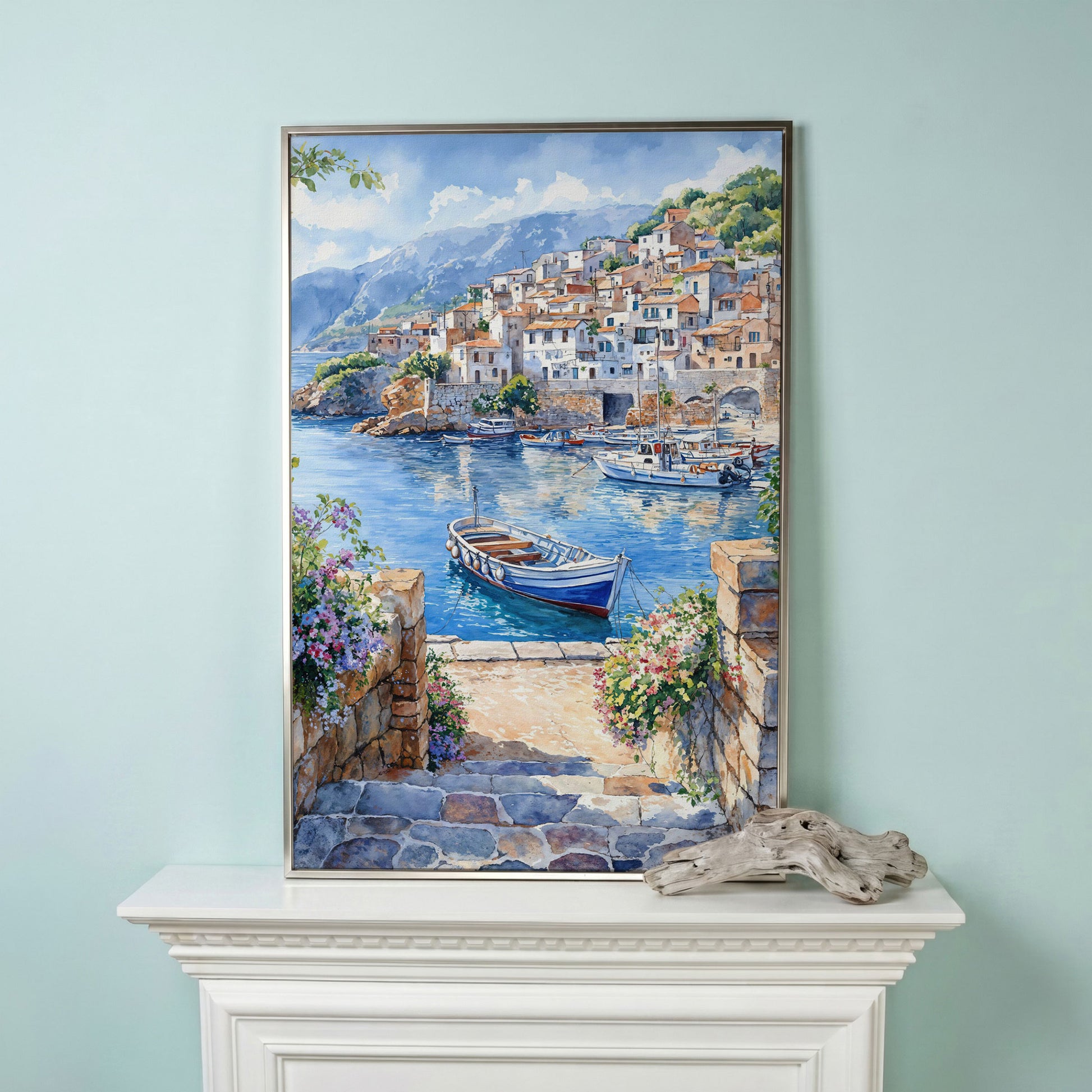Coastal Village Harbor with Boats and Mountain View Canvas Print in silver floating frame