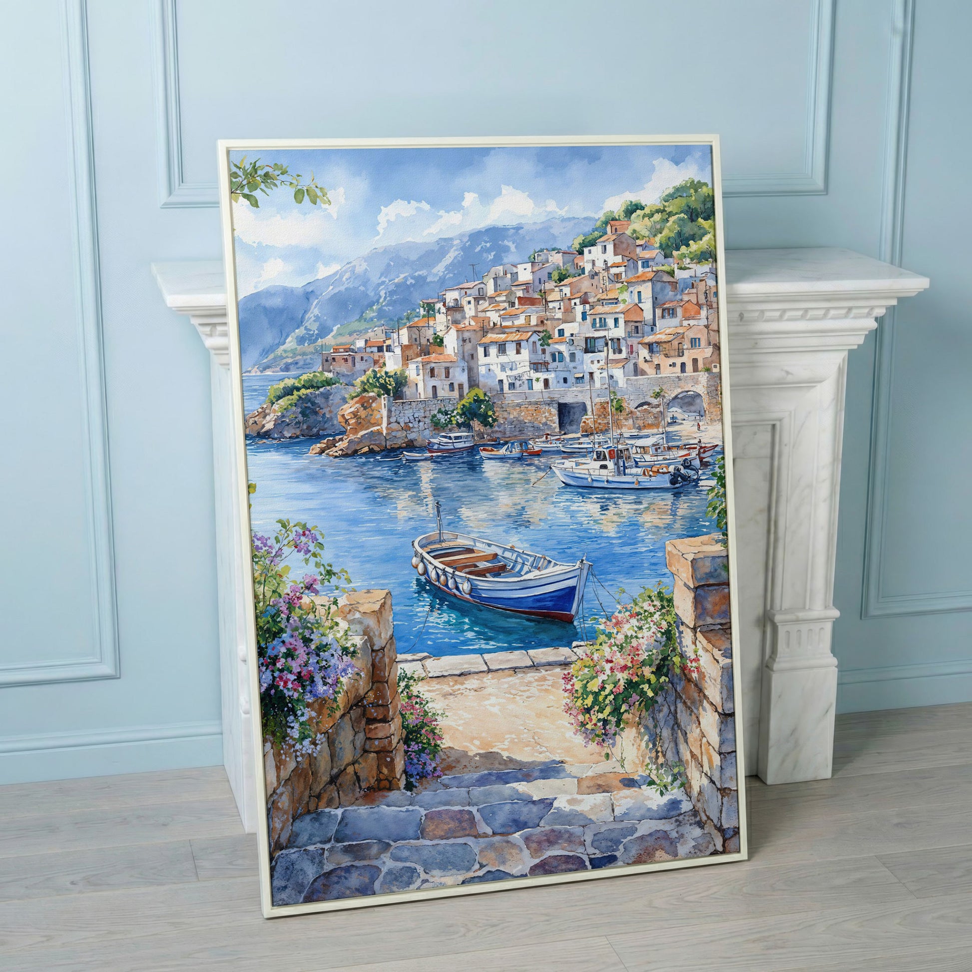 Coastal Village Harbor with Boats and Mountain View Canvas Print in white floating frame