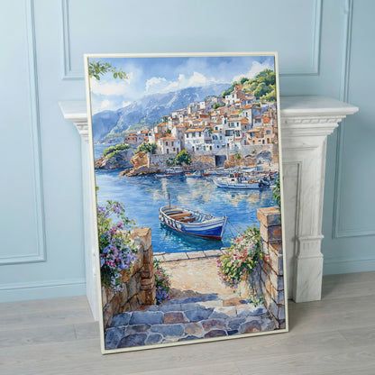 Coastal Village Harbor with Boats and Mountain View Canvas Print in white floating frame