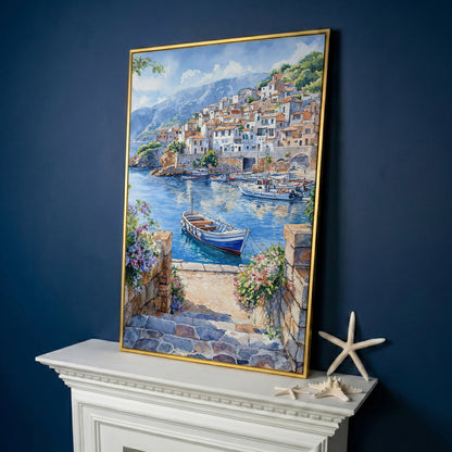 Coastal Village Harbor with Boats and Mountain View Canvas Print in yellow gold floating frame