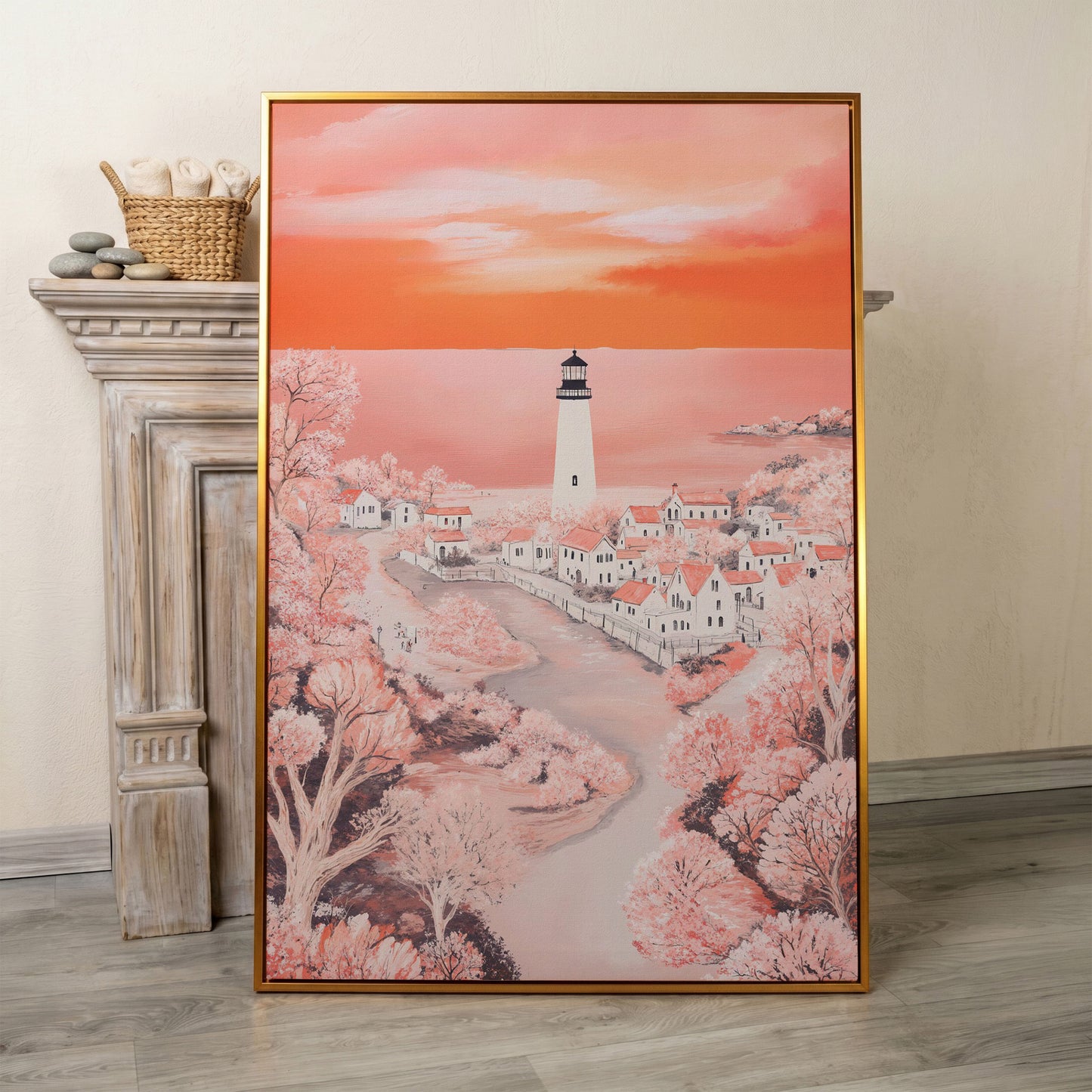 Lighthouse at Sunset, Coastal Town Canvas Wall Art in antique gold floating frame