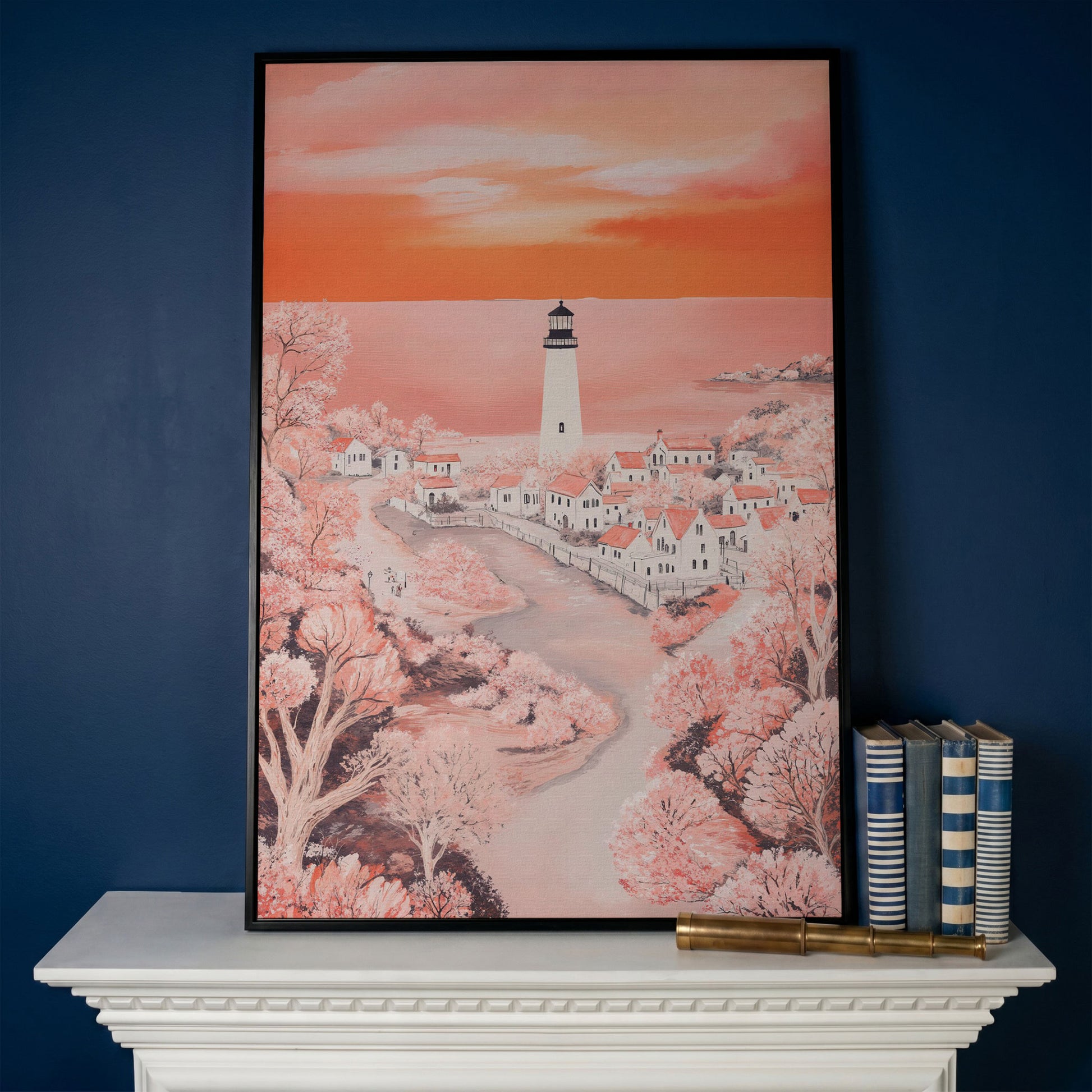 Lighthouse at Sunset, Coastal Town Canvas Wall Art in black floating frame