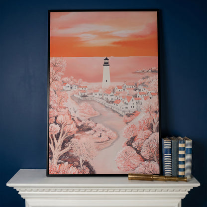 Lighthouse at Sunset, Coastal Town Canvas Wall Art in black floating frame