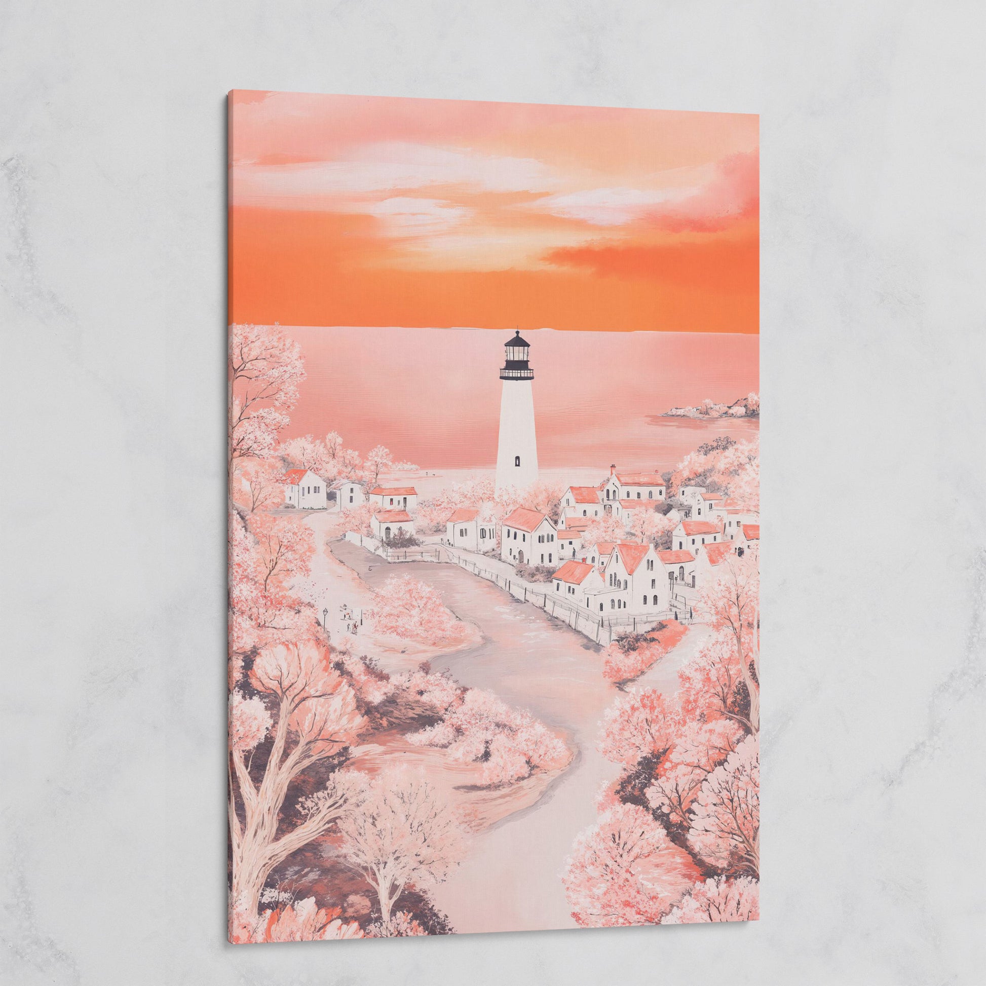 Lighthouse at Sunset, Coastal Town Canvas Wall Art on gallery wrap