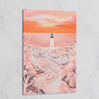 Lighthouse at Sunset, Coastal Town Canvas Wall Art on gallery wrap
