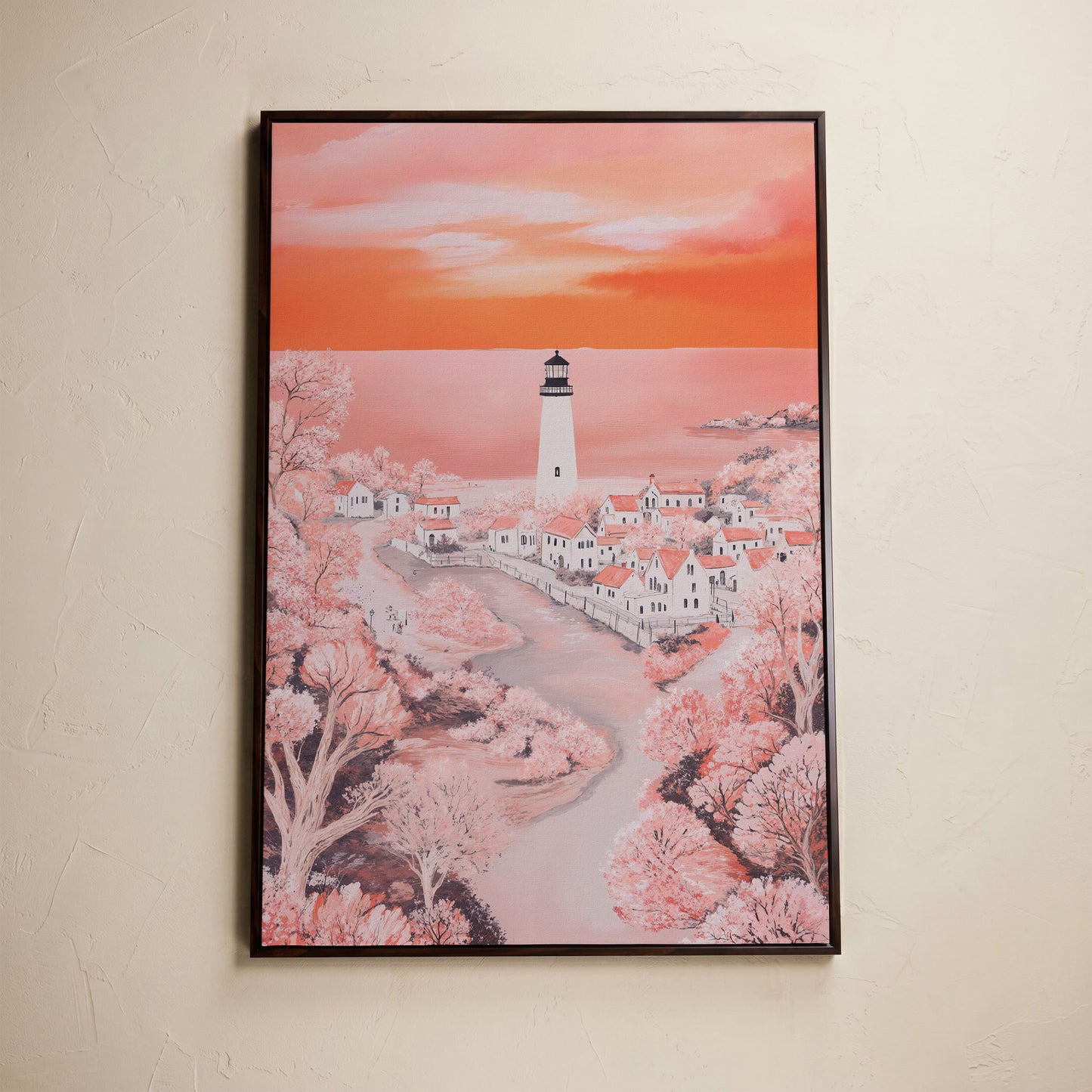 Lighthouse at Sunset, Coastal Town Canvas Wall Art in dark walnut floating frame