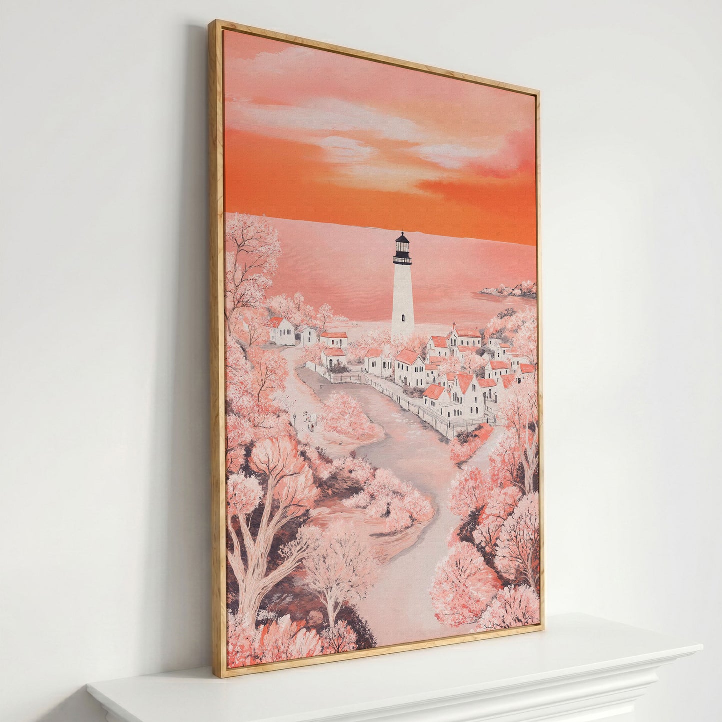 Lighthouse at Sunset, Coastal Town Canvas Wall Art in white oak floating frame