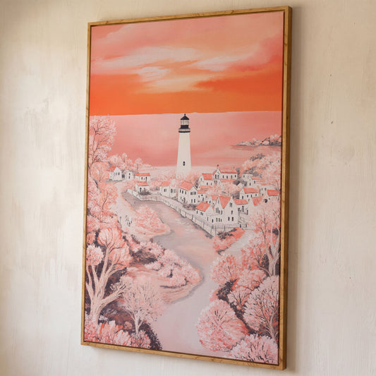 Lighthouse at Sunset, Coastal Town Canvas Wall Art shown in white oak floating frame