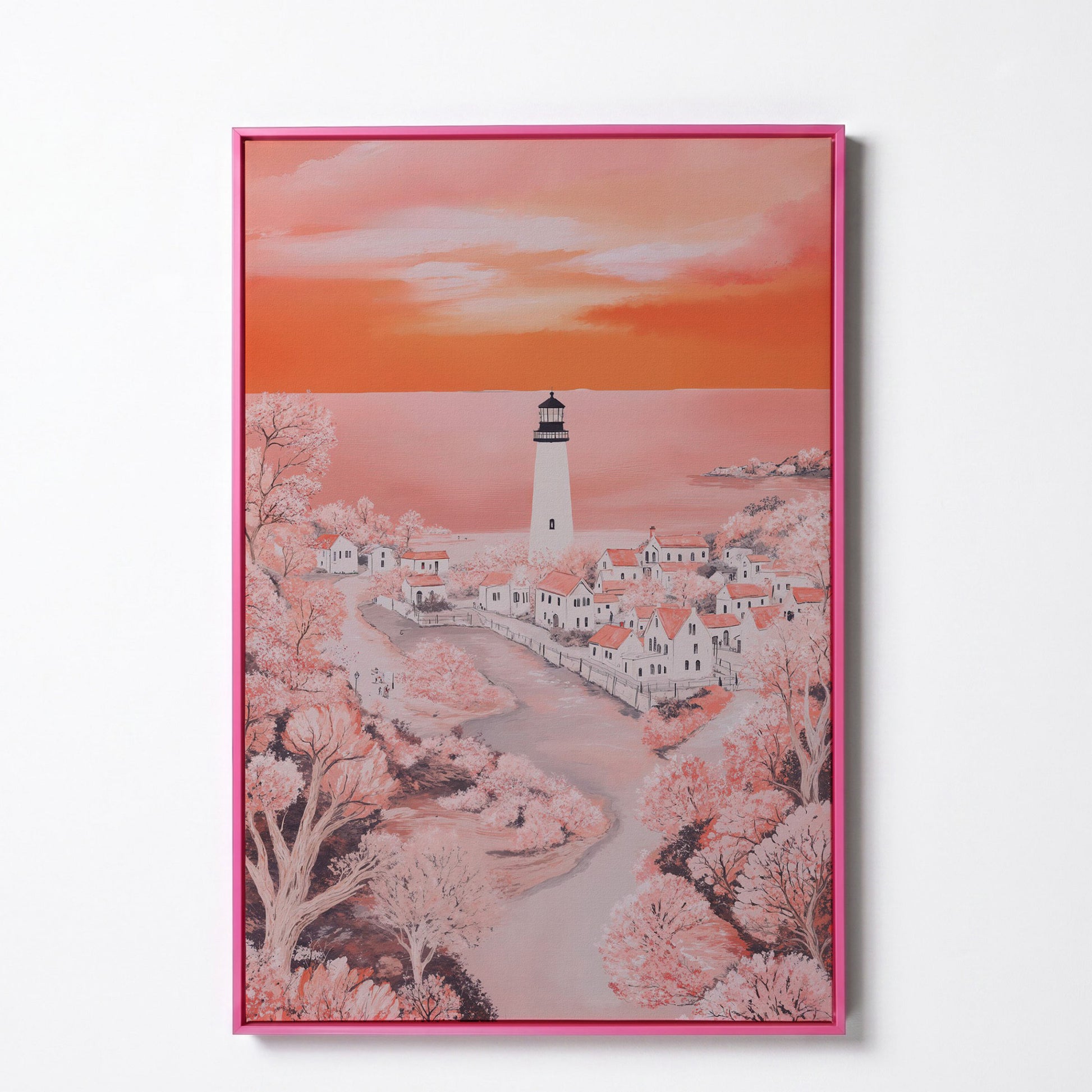 Lighthouse at Sunset, Coastal Town Canvas Wall Art in pink floating frame