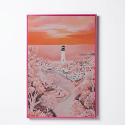 Lighthouse at Sunset, Coastal Town Canvas Wall Art in pink floating frame
