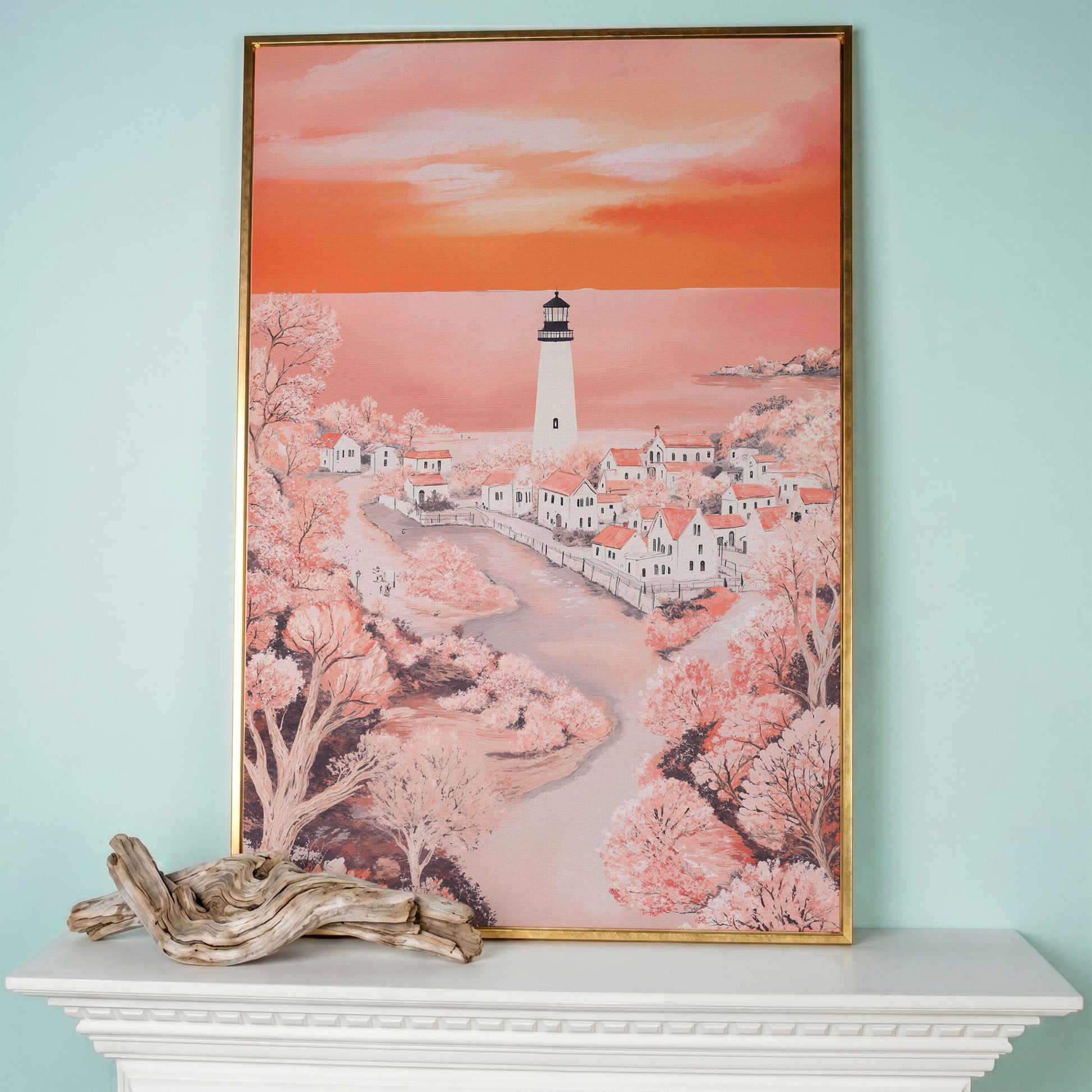 Lighthouse at Sunset, Coastal Town Canvas Wall Art in rose gold floating frame