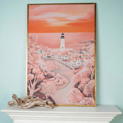 Lighthouse at Sunset, Coastal Town Canvas Wall Art in rose gold floating frame