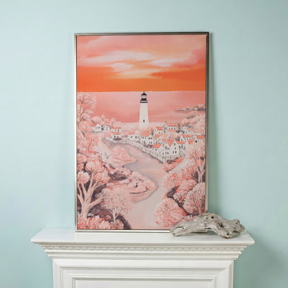 Lighthouse at Sunset, Coastal Town Canvas Wall Art in silver floating frame