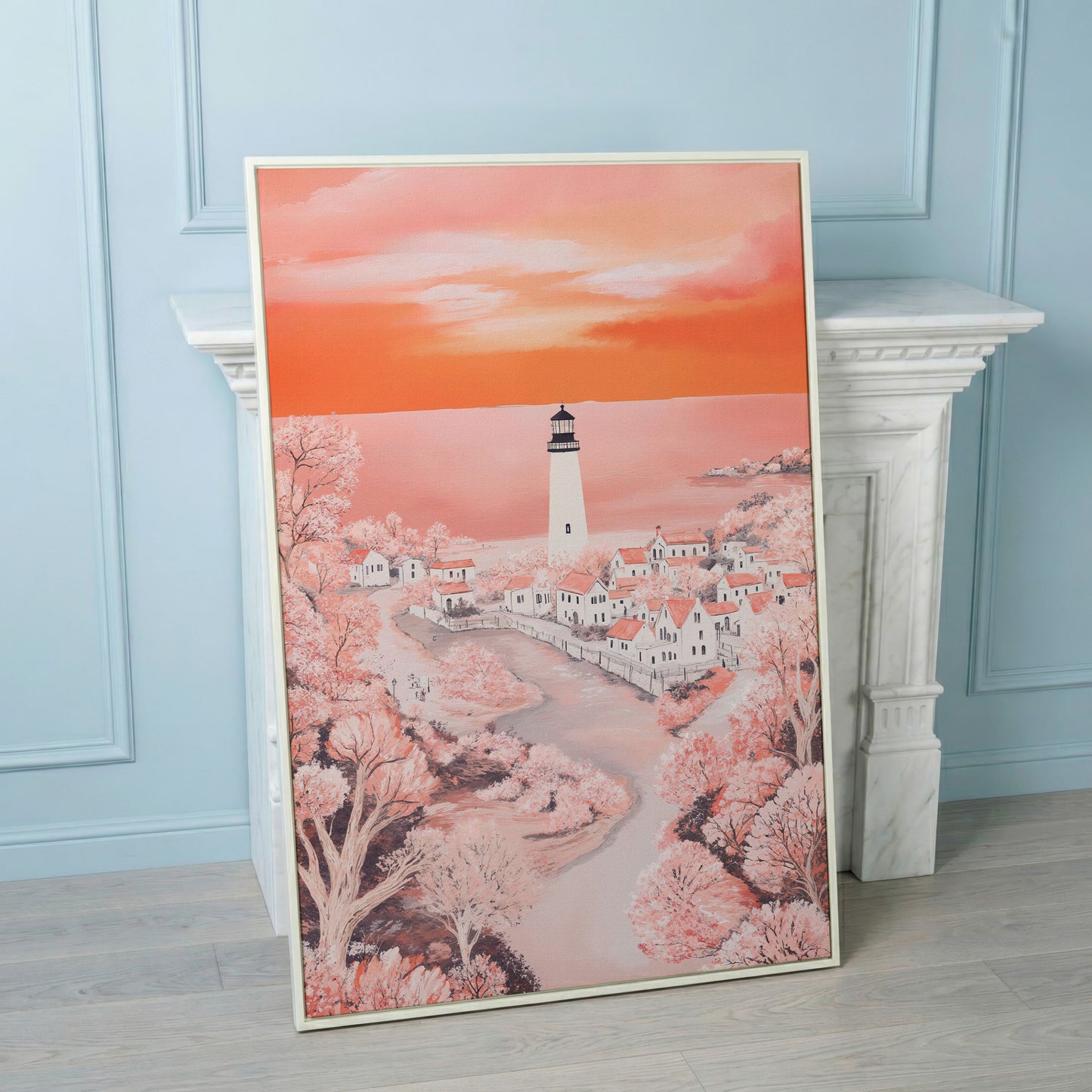 Lighthouse at Sunset, Coastal Town Canvas Wall Art in white floating frame