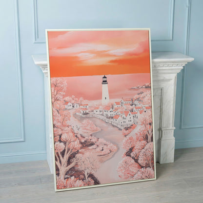 Lighthouse at Sunset, Coastal Town Canvas Wall Art in white floating frame
