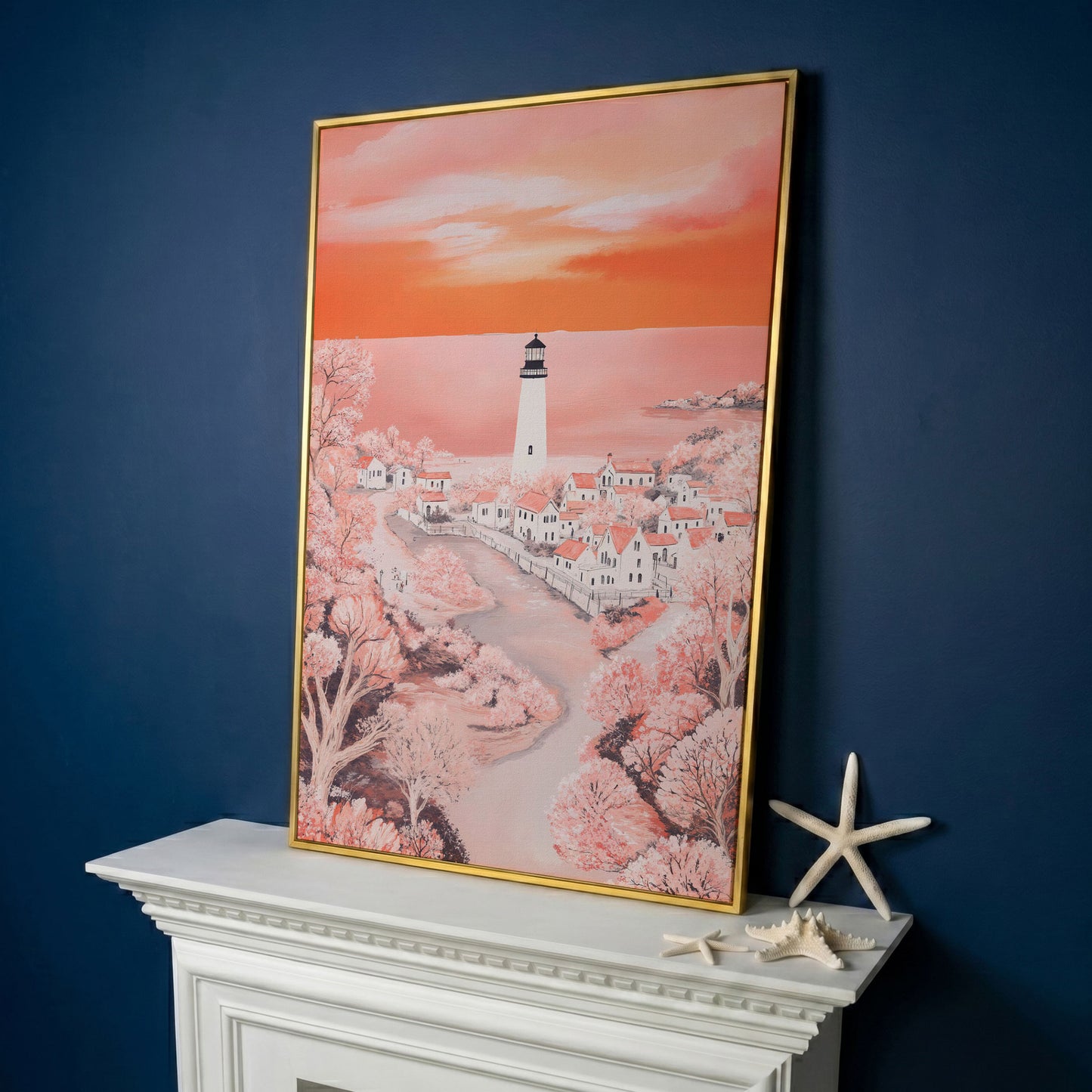 Lighthouse at Sunset, Coastal Town Canvas Wall Art in yellow gold floating frame