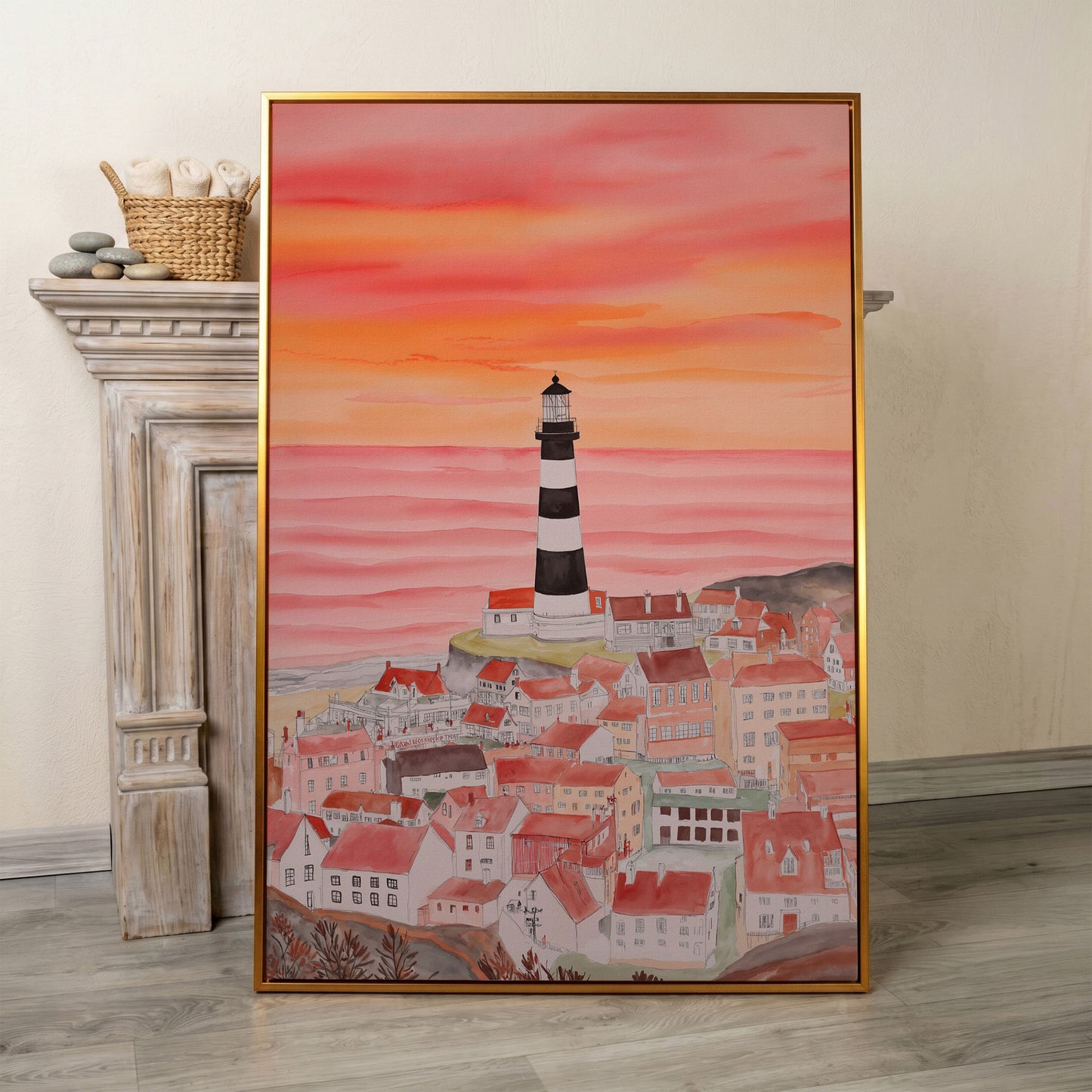 Lighthouse and Seaside Village at Dusk, Coastal Canvas Art in antique gold floating frame