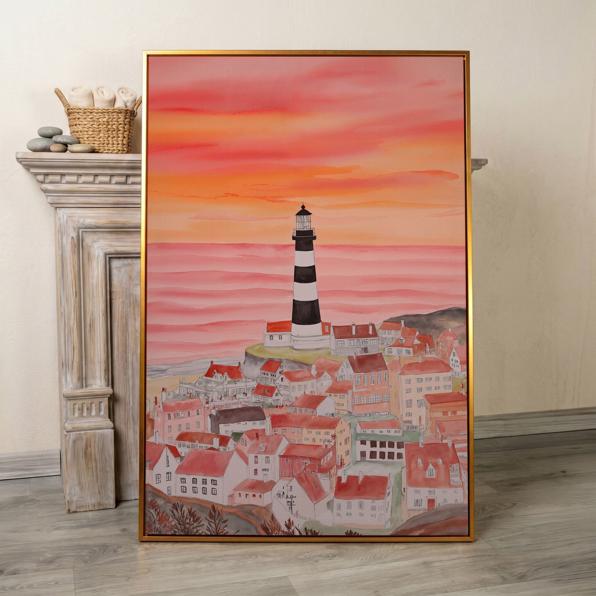 Lighthouse and Seaside Village at Dusk, Coastal Canvas Art in antique gold floating frame