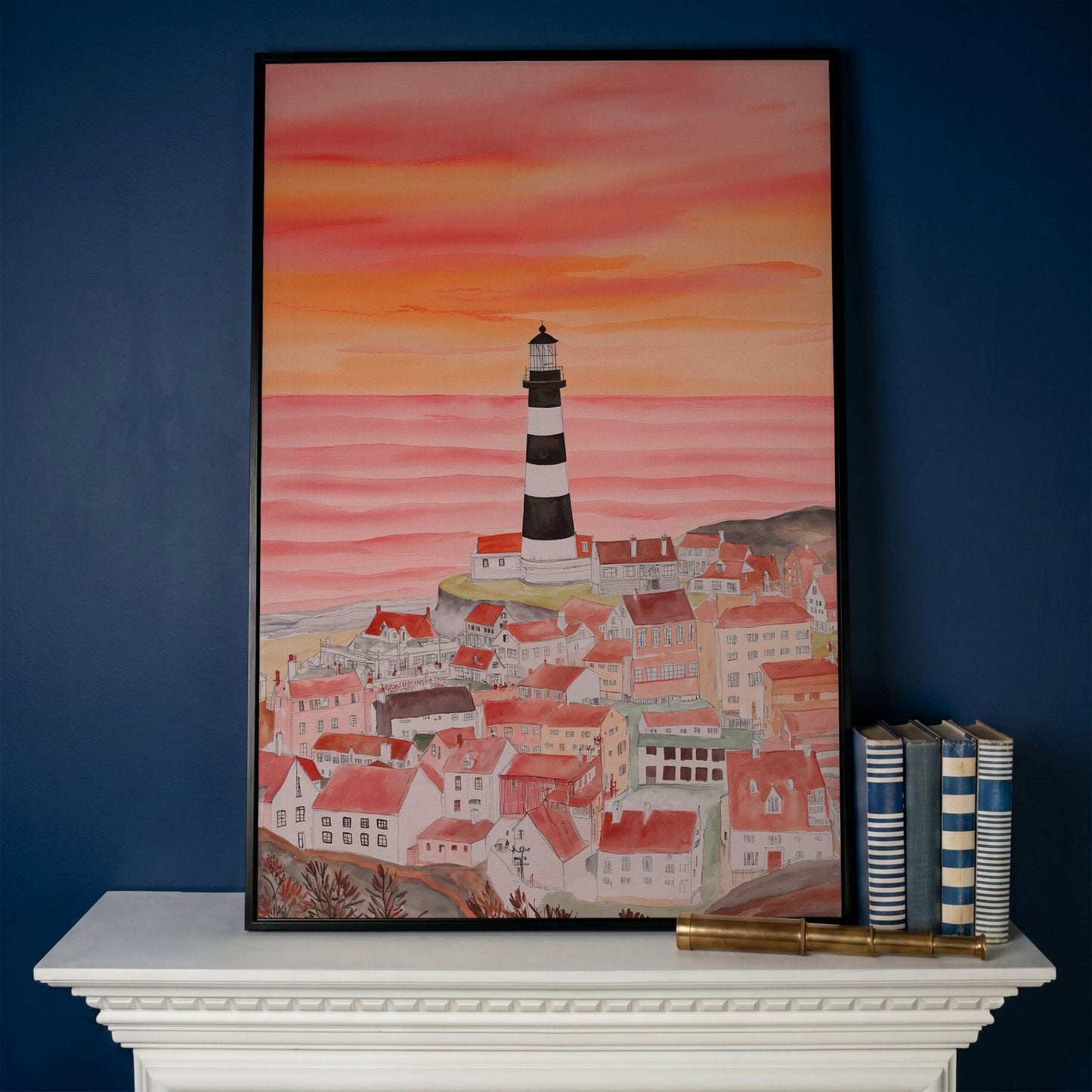 Lighthouse and Seaside Village at Dusk, Coastal Canvas Art in black floating frame