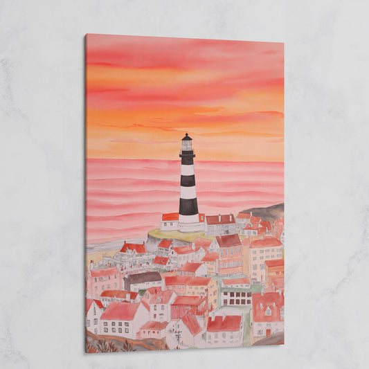 Lighthouse and Seaside Village at Dusk, Coastal Canvas Art on gallery wrap